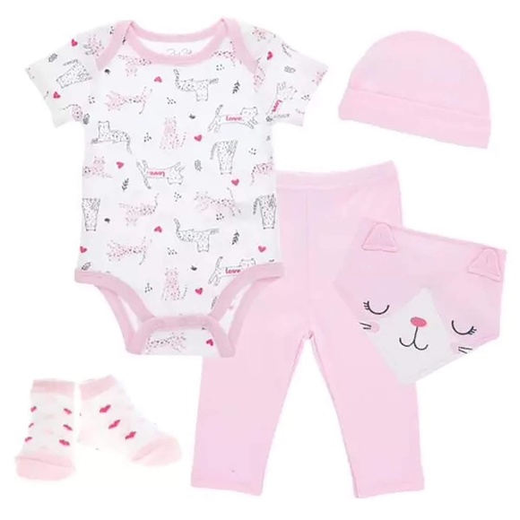 Newborn Baby Girl Boy Pink Cat Clothing Layette Gift Set Essentials Bodysuit
